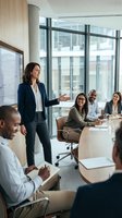 Professional businesswoman presenting to diverse team in modern conference room with city view for corporate training and leadership development.