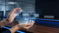 Professional businessman hands presenting holographic business strategy diagram with interconnected elements in modern office environment for corporate presentations.