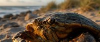 Large sea turtle resting on sandy beach during golden hour sunset with ocean waves and dunes in background creating peaceful coastal wildlife scene.