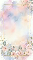Watercolor floral frame with soft pastel pink, blue, and gold accents featuring roses and botanical elements. Gold rectangular border with copy space for invitations, weddings, or greeting cards.