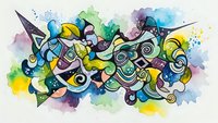 Colorful abstract graffiti art with swirling shapes and watercolor splashes on white background. Modern street art style composition for creative projects.