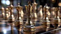 Golden chess queen piece on wooden board with blurred chess pieces in background, dramatic lighting creates reflective metallic shine and depth of field effect.