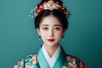Young Asian woman in traditional kimono with floral pattern against teal background, wearing ornate flower crown and pearl hair accessories with red lipstick.