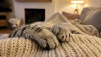 Soft gray cat paws resting on a cozy knitted blanket in a warm living room with fireplace in the background.