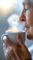 Senior woman enjoying aromatic steam from hot coffee cup in morning light, close-up view showing wrinkled hands and peaceful expression, representing comfort and relaxation.