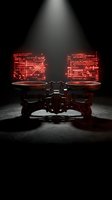 Red glowing circuit board displays on ornate vintage scales under dramatic spotlight representing balance between technology and tradition in dark atmosphere.