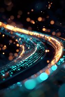 Glowing curved path with turquoise digital pattern and golden light particles against dark background creates futuristic technology concept for business designs.