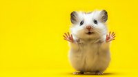 Adorable white hamster standing on hind legs with raised paws against vibrant yellow background, showing playful gesture and cute facial expression.