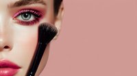 Close-up of woman with vibrant pink eyeshadow and matching lipstick against pink background, makeup brush applying blush to cheek for beauty tutorial.