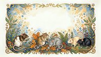 Vintage folk art frame with cute mice among autumn leaves, flowers, and mushrooms, ornate gold border, copy space for text or greeting cards.