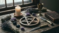Mystical altar setup with pentagram, candles, crystals and herbs on wooden table. Spiritual ritual arrangement for meditation and witchcraft practices.
