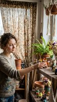 Young Caucasian woman in cozy sweater tending to houseplants in bohemian home interior with natural light and vintage decor elements.