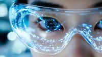 Close-up view of protective eyewear with glowing blue digital interface reflection showing futuristic technology and augmented reality visualization concept.