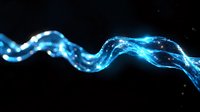 Glowing blue energy wave with luminous particles flowing in curved motion against dark background, creating dynamic light trail effect for technology designs.