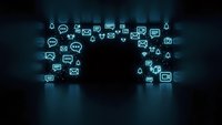 Global digital communication network with glowing social media and messaging icons floating in cyberspace on dark blue background for technology concepts.