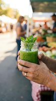 Fresh green smoothie with mint leaves held in hands at outdoor farmers market with blurred produce stands in background for healthy lifestyle concepts.