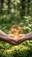 Hands holding glowing golden orb with dove and olive branch symbol in peaceful forest setting representing hope, peace, and environmental harmony.