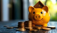 Orange ceramic piggy bank with house-shaped lid smiling next to stacked gold coins on wooden surface against blurred background, representing savings and financial planning.