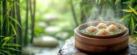 Steaming bamboo basket with dim sum dumplings on stone surface against green bamboo forest background, traditional Asian cuisine with rising steam.