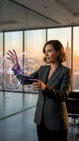 Professional businesswoman interacting with holographic interface in modern office overlooking city skyline at sunset for technology presentations.