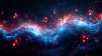 Cosmic nebula with glowing musical notes floating in space, featuring vibrant red and blue colors against starry background, creating magical celestial symphony effect.