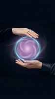 Hands protecting glowing purple energy sphere with magical light effects on dark background for spiritual and mystical concepts.