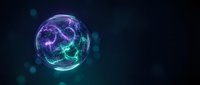 Glowing digital sphere with purple and cyan energy waves on dark background, representing technology, innovation, and futuristic concepts for digital design projects.