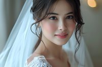 Young Asian bride wearing white lace wedding dress and natural makeup smiles softly at camera, with romantic bokeh background and delicate veil details.