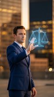 Young Caucasian businessman in navy suit holding glowing holographic scales of justice outdoors with city skyline at dusk.