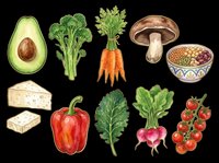 Watercolor healthy food set with vegetables, mushroom, avocado, tofu, and tomatoes, isolated on transparent background, ready for stickers, clipart, and print on demand.