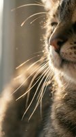 Close-up of a gray and white cat's face in profile, illuminated by warm golden sunlight highlighting whiskers and fur texture with soft bokeh background.