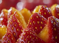 Fresh juicy strawberry slices arranged in a circular pattern with visible seeds and glistening surface, perfect for food packaging and menu designs.