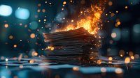 Stack of burning paper documents with glowing embers and sparks against dark background, dramatic lighting creates mysterious atmosphere for business concept.