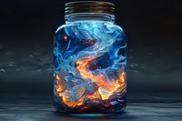 Mystical glass jar containing swirling blue and orange liquid clouds creating an ethereal cosmic effect against dark background, artistic fluid abstract composition.