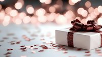 White gift box with sparkling burgundy ribbon bow on glittery surface against soft blurred bokeh lights background in rose gold tones, festive holiday setting.