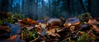Two brown millipedes crawling through autumn forest floor covered with fallen leaves and moss in natural woodland habitat during seasonal change.
