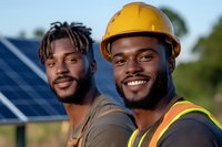 Two young African American male solar panel technicians smiling at camera, wearing safety gear and hard hats, with solar panels visible in background during sunny day.
