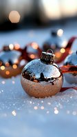 Metallic rose gold Christmas ornament with water droplets resting in fresh snow, warm bokeh lights creating magical holiday atmosphere in background.