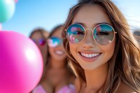 Young Asian woman smiling with round sunglasses reflecting summer sky and balloons, friend in background. Joyful outdoor celebration atmosphere with vibrant colors.