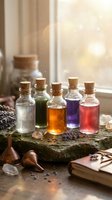 Colorful potion bottles with cork stoppers arranged on rustic wooden surface near window with warm sunlight for magical fantasy themes and witchcraft concepts.