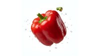 Vibrant red bell pepper with fresh green stem isolated on white background, surrounded by water droplets, ready for culinary and food design projects.