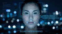 Futuristic biometric facial recognition technology with digital grid overlay and security verification interface on dark blue background.