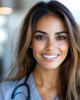 Young female doctor with stethoscope smiling warmly at camera in modern medical office setting for healthcare and wellness marketing campaigns.