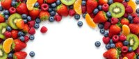 Fresh mixed berries and fruits frame on white background with copy space for healthy eating and nutrition concepts.