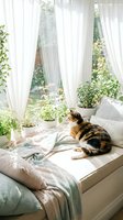Cozy window seat with calico cat resting among green plants and soft white curtains in bright natural light creating peaceful home atmosphere.