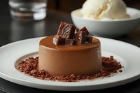Elegant chocolate mousse dessert on white plate with caramel cubes on top, cocoa powder dusting, and vanilla ice cream in background.