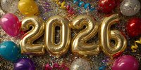 Golden 2026 number balloons surrounded by colorful party decorations, confetti, and festive elements for celebration.