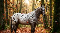 Spotted horse with white coat and dark markings standing in autumn forest surrounded by golden foliage and tall trees.