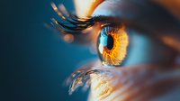 Extreme macro shot of human eye with amber iris and long eyelashes against blue background, showing intricate details and reflections in dramatic lighting.