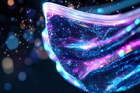Glowing protective face mask with sparkles in neon blue and purple colors against dark background, illuminated by bokeh lights and glitter effects.
